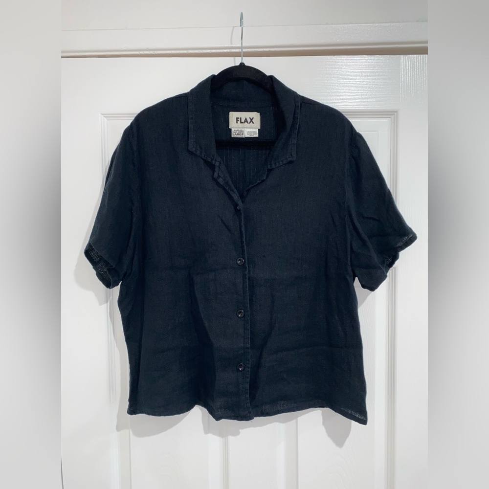FLAX Black Linen Camp Shirt (L)